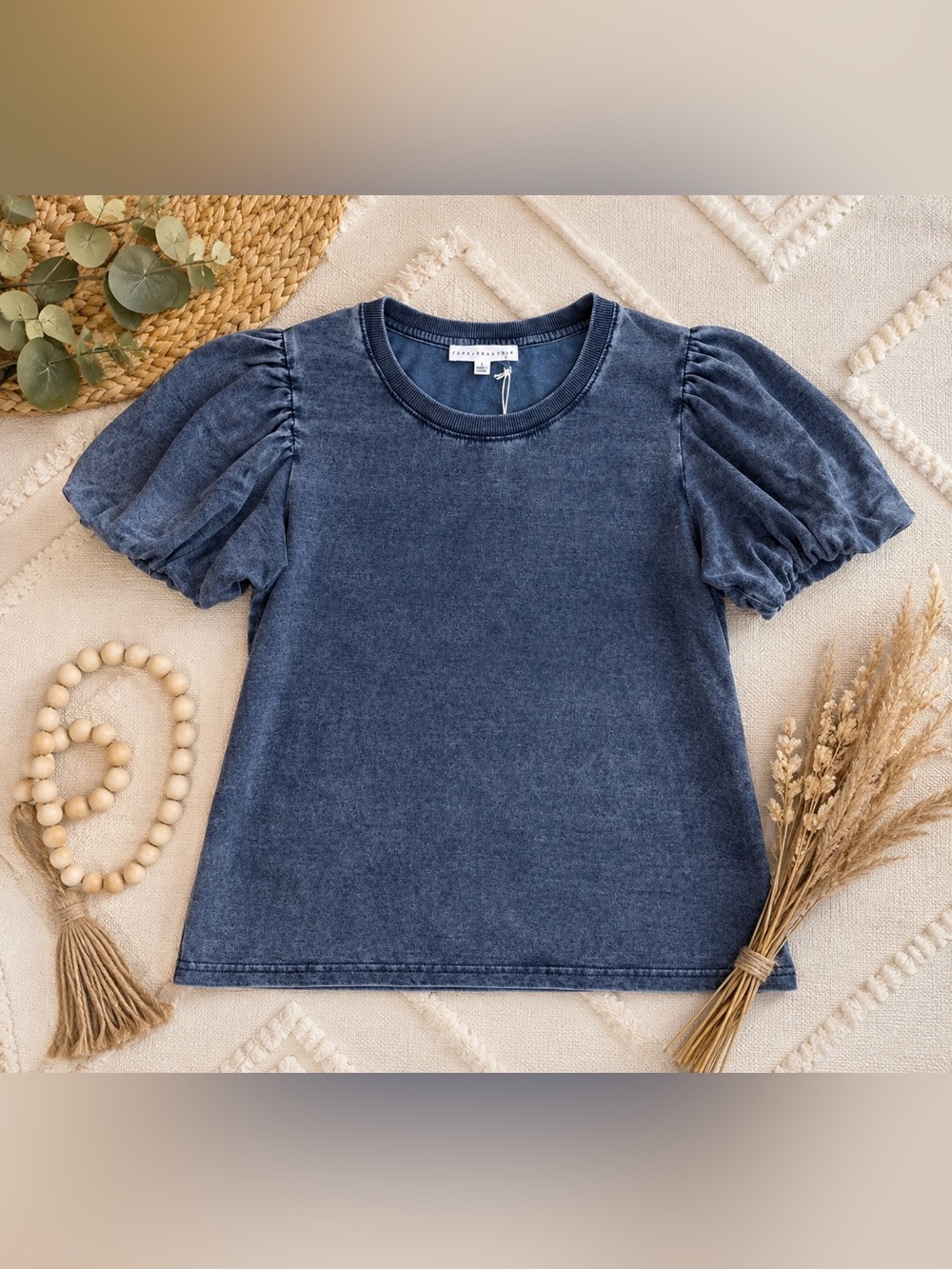 New Jane & Delancey Navy Acid Wash Puff Sleeve Crewneck Top Small